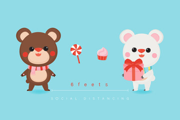Illustration of Valentine's Day greeting card. Character design. Cute bears with social distancing.