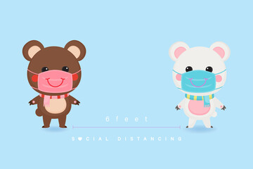 Obraz na płótnie Canvas Illustration of Valentine's Day greeting card. Character design. Cute bear wearing mask with social distancing.