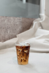 ice coffee latte on gray background
