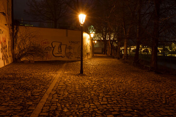 .street lighting and paving sidewalk for pedestrians in a park at night in the center of Prague