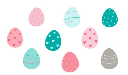  Decorated Easter eggs isolated on white background Vector flat illustration
