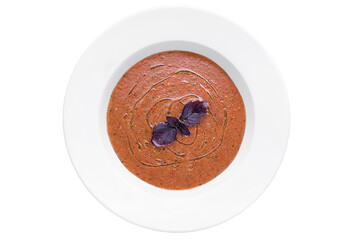 Homemade food cream, soup, seasoning with basil onion carrot delicious traditional food european cuisine. Restaurant service concept. Isolated.