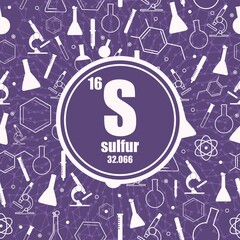 Fototapeta premium Sulfur chemical element. Sign with atomic number and atomic weight. Chemical element of periodic table. Connected lines with dots. Circle frame with icons.