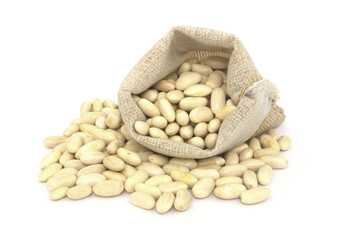 White beans in burlap sack  isolated on white background