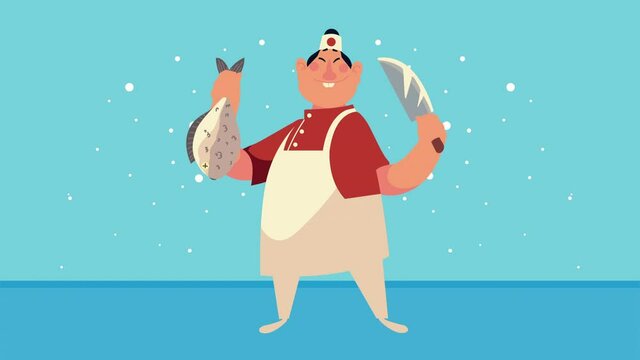 japanese chef worker with fish and knife animation
