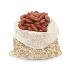 Red kidney beans in burlap sack isolated on white background