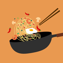 Frying Chinese noodles with egg, shrimp, mushroom and chili in Asian wok. Cooking pasta in frying pan vector.