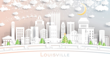 Fototapeta premium Louisville Kentucky USA City Skyline in Paper Cut Style with Snowflakes, Moon and Neon Garland.