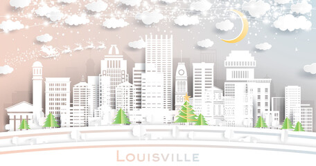 Louisville Kentucky USA City Skyline in Paper Cut Style with Snowflakes, Moon and Neon Garland.