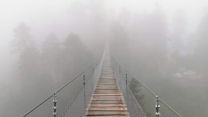 Suspension bridge in mountain, Fog Oaxaca Mexico 