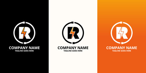 Flash initial letter R Logo Icon Template. Illustration vector graphic. Design concept Electrical Bolt and electric plugs With letter symbol. Perfect for corporate, more technology brand identity