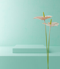 Podium product stand, Cosmetic display stand with anthurium flower on green mint background. 3D rendering