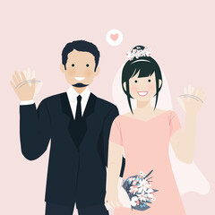 cute wedding couple happy gesture smiling and waving hand