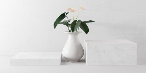 White product display podium with nature leaves. 3D rendering