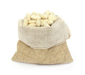 White beans in burlap sack  isolated on white background