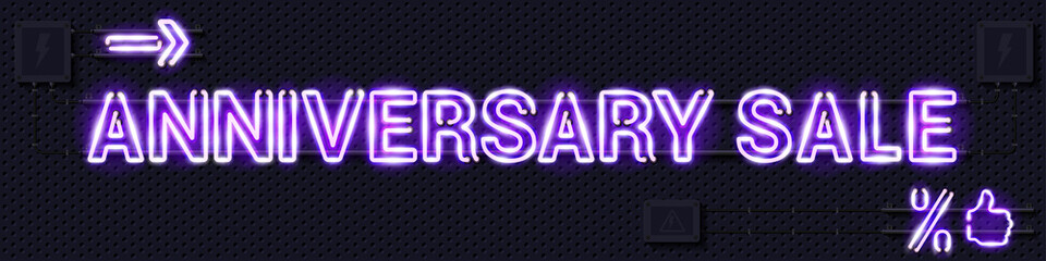 ANNIVERSARY SALE glowing purple neon lamp sign. Realistic vector illustration. Perforated black metal grill wall with electrical equipment.