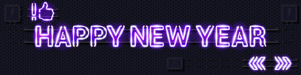 HAPPY NEW YEAR glowing purple neon lamp sign. Realistic vector illustration. Perforated black metal grill wall with electrical equipment.