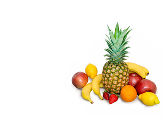 A pile of fresh fruits on a white background.