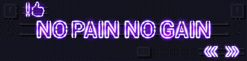 NO PAIN NO GAIN glowing purple neon lamp sign. Realistic vector illustration. Perforated black metal grill wall with electrical equipment.