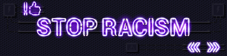 Fototapeta na wymiar STOP RACISM glowing purple neon lamp sign. Realistic vector illustration. Perforated black metal grill wall with electrical equipment.