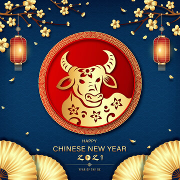 Happy Chinese New Year 2021 Year Of The Ox On Dark Blue Wave Pattern Background With Golden Oriental Style Decorations And Chinese Text Means Ox