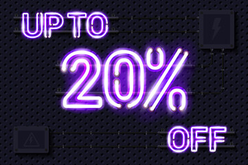 UP TO 20 percent OFF glowing purple neon lamp sign. Realistic vector illustration. Perforated black metal grill wall with electrical equipment.