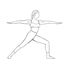 Yoga warrior asana or virabhadrasana I. Woman practicing yoga asana. Engraved vector illustration isolated on white background