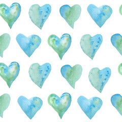 Seamless watercolor hand drawn pattern with green blue turquoise hearts for St Valentine Day fabric wrapping paper. Elegant design background for love celebration wedding. Texture modern print.