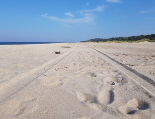 Car tire tracks on the sandy seashore