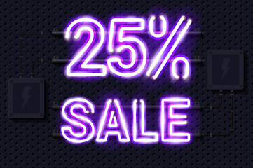 25 percent SALE glowing purple neon lamp sign. Realistic vector illustration. Perforated black metal grill wall with electrical equipment.