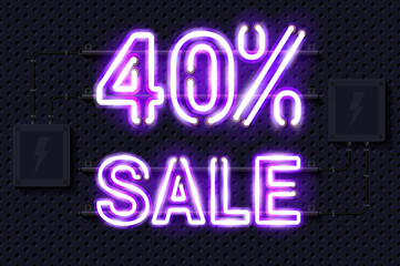 40 percent SALE glowing purple neon lamp sign. Realistic vector illustration. Perforated black metal grill wall with electrical equipment.