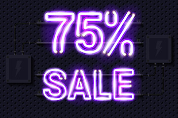 75 percent SALE glowing purple neon lamp sign. Realistic vector illustration. Perforated black metal grill wall with electrical equipment.