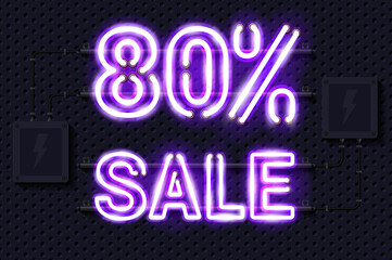 Fototapeta na wymiar 80 percent SALE glowing purple neon lamp sign. Realistic vector illustration. Perforated black metal grill wall with electrical equipment.