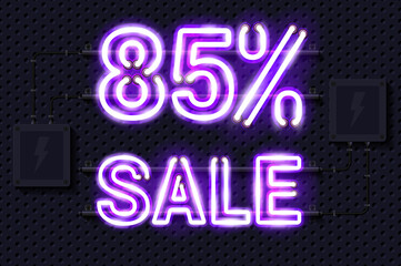 85 percent SALE glowing purple neon lamp sign. Realistic vector illustration. Perforated black metal grill wall with electrical equipment.