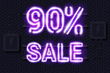 Fototapeta na wymiar 90 percent SALE glowing purple neon lamp sign. Realistic vector illustration. Perforated black metal grill wall with electrical equipment.