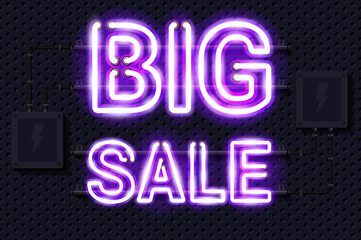 BIG SALE glowing purple neon lamp sign. Realistic vector illustration. Perforated black metal grill wall with electrical equipment.