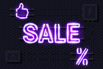 Thumbs up, SALE, percentage glowing purple neon lamp sign. Realistic vector illustration. Perforated black metal grill wall with electrical equipment.