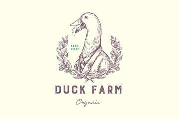 Funny hand drawn Duck wearing suite organic farming vintage logo
