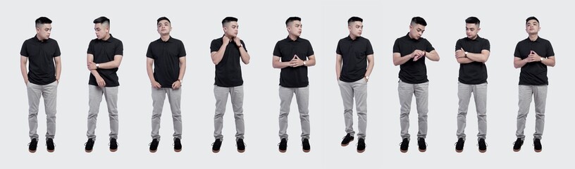 Collection of handsome men wearing black polo shirt posing and standing isolated on white background