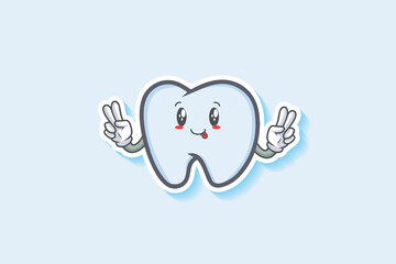 DUMB, FUNNY, TONGUE, CHEERFUL Face Emotion. Double Peace Hand Gesture. Tooth Cartoon Drawing Mascot Illustration.