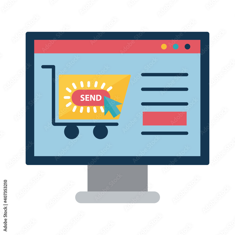 Poster digital marketing cart website in computer flat style icon vector design
