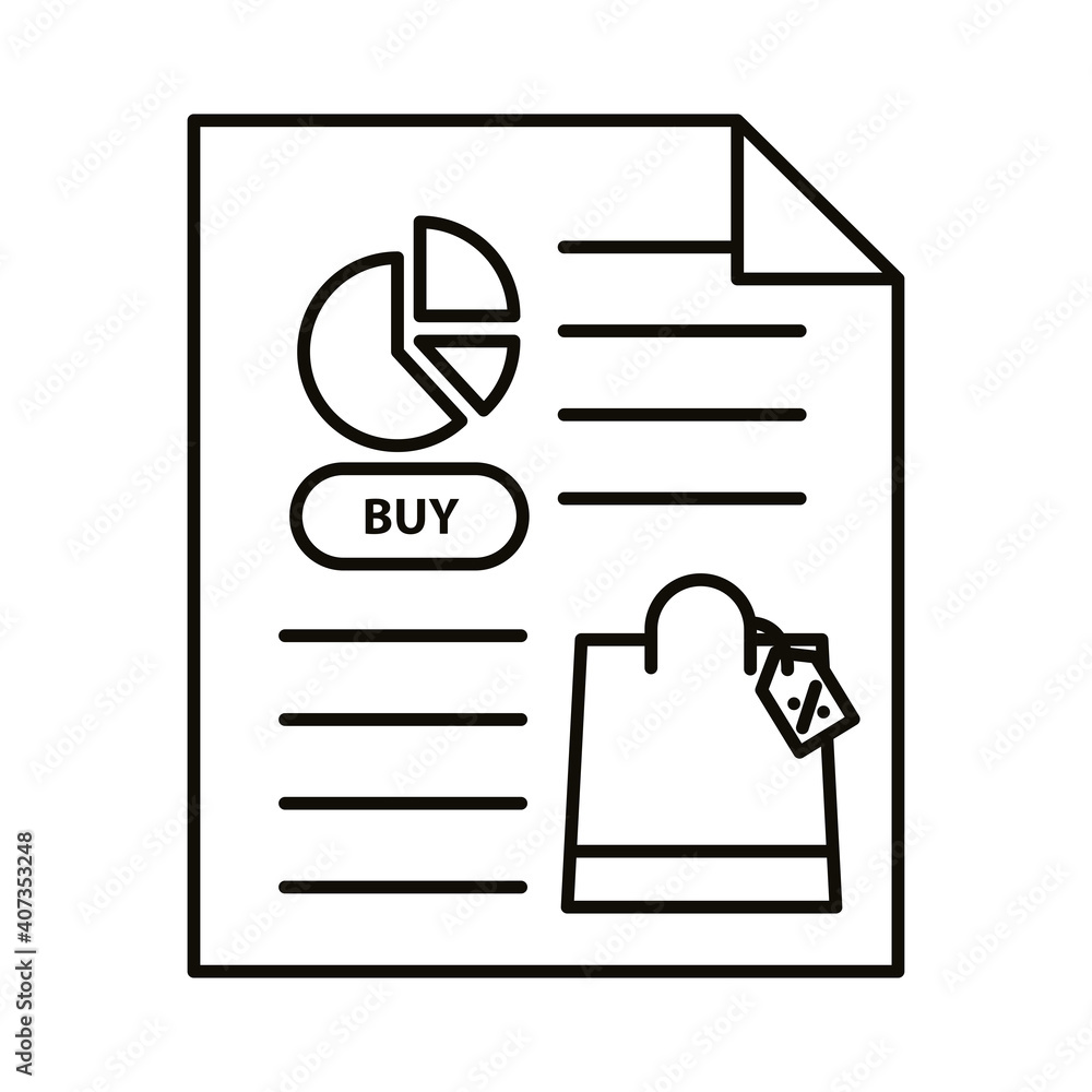 Poster digital marketing bag and pie chart in document line style icon vector design