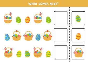 What comes next game with cartoon Easter eggs and baskets.