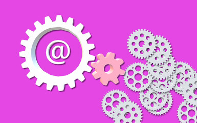 The at sign. A symbol related to email addresses and social media platform handles. Gear wheels. 3D illustration of the concept of creative meeting, team solution, progress, evolution or teamwork.