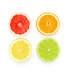Isolated composition with citrus fruits, on white background, flat lay