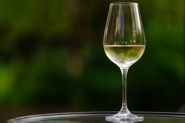 A glass of white wine on table with green background from garden.