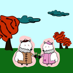 Doodle Cartoon of Couple White Dog or Fox drinking Hot Chocolate or Coffee of Warm Love with Cloudy Autumn Fall Leaf Backgroud, can be used for Icon, Logo or Avatar