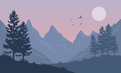 Beautiful countryside scenery in the afternoon. Vector illustration