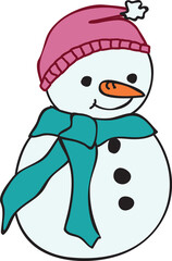 Snow person, kid in pink hat and green scarf vector illustration isolated