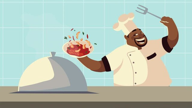 afro chef worker with food dish and tray server comic character animation
